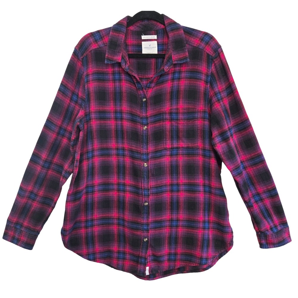 American Eagle Outfitters Granola Pink Purple Plaid Flannel Boyfriend Shirt XL